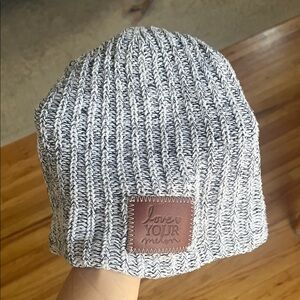 Love Your Melon Black and White Speckled Knit Beanie with Brown Patch